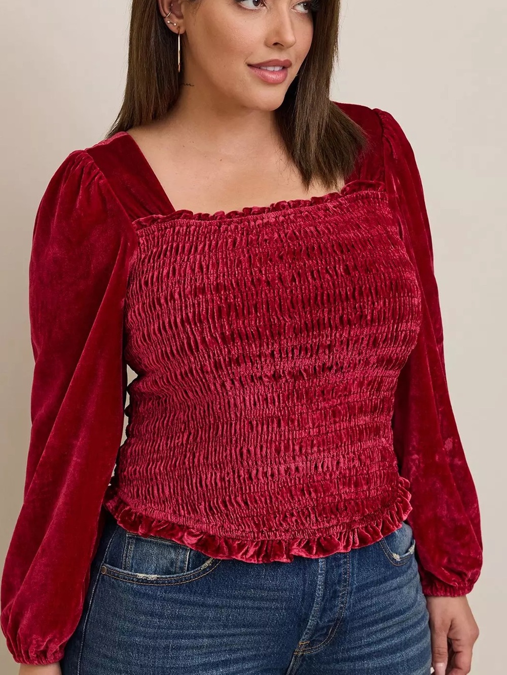 Torrid Sz 2 2X Red Velvet Smocked Square Neck Long Balloon Sleeve Cropped Top